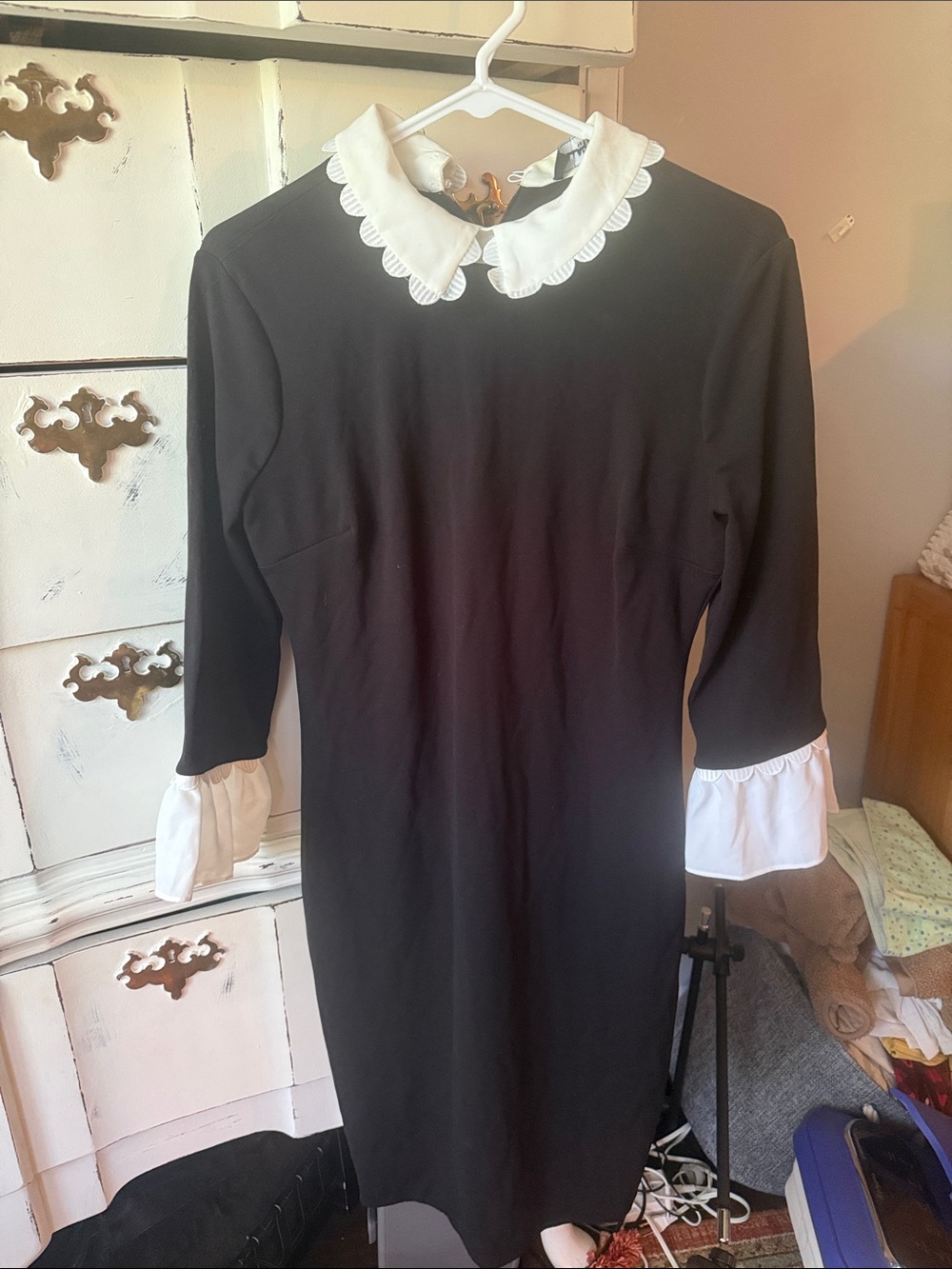 Karl Lagerfeld Black Long Sleeve Dress with White Scalloped Collar and Cuffs